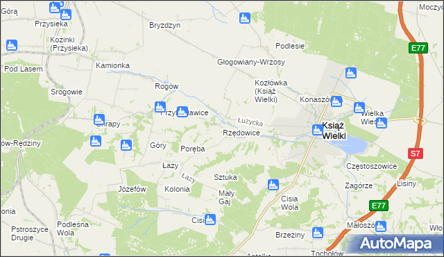 mapa Rzędowice gmina Książ Wielki, Rzędowice gmina Książ Wielki na mapie Targeo