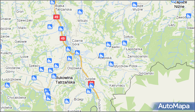 mapa Rzepiska gmina Bukowina Tatrzańska, Rzepiska gmina Bukowina Tatrzańska na mapie Targeo