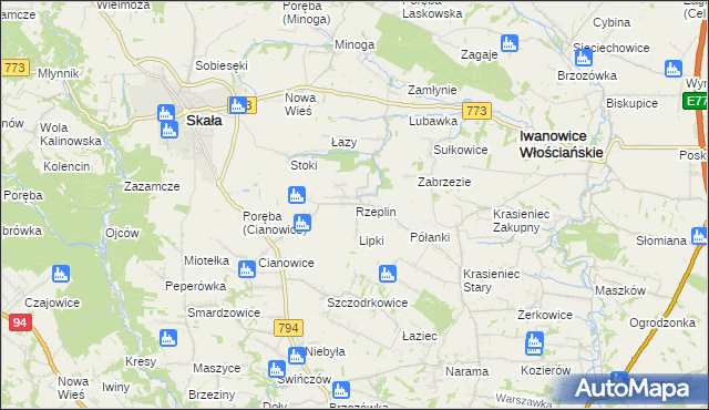 mapa Rzeplin gmina Skała, Rzeplin gmina Skała na mapie Targeo