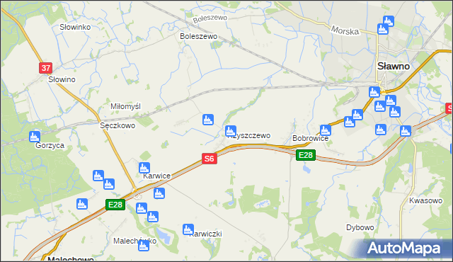 mapa Rzyszczewo gmina Sławno, Rzyszczewo gmina Sławno na mapie Targeo