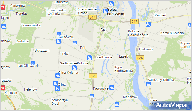 mapa Sadkowice gmina Solec nad Wisłą, Sadkowice gmina Solec nad Wisłą na mapie Targeo