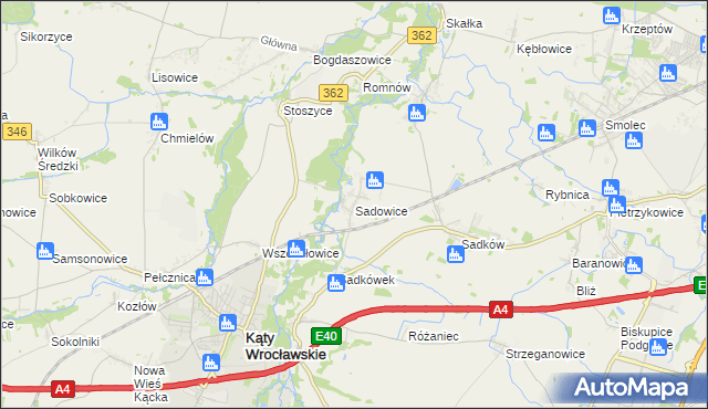 mapa Sadowice gmina Kąty Wrocławskie, Sadowice gmina Kąty Wrocławskie na mapie Targeo