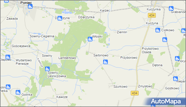 mapa Sarbinowo gmina Poniec, Sarbinowo gmina Poniec na mapie Targeo