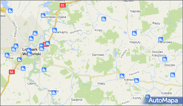 mapa Sarnowo gmina Lidzbark Warmiński, Sarnowo gmina Lidzbark Warmiński na mapie Targeo