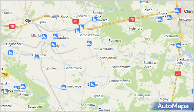 mapa Sędziejowice gmina Chmielnik, Sędziejowice gmina Chmielnik na mapie Targeo