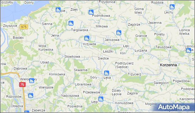 mapa Siedlce gmina Korzenna, Siedlce gmina Korzenna na mapie Targeo