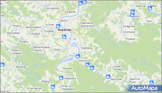 mapa Siedliska gmina Nozdrzec, Siedliska gmina Nozdrzec na mapie Targeo