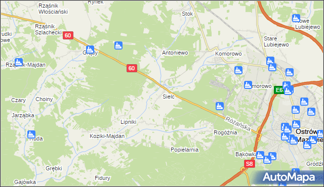 mapa Sielc gmina Ostrów Mazowiecka, Sielc gmina Ostrów Mazowiecka na mapie Targeo