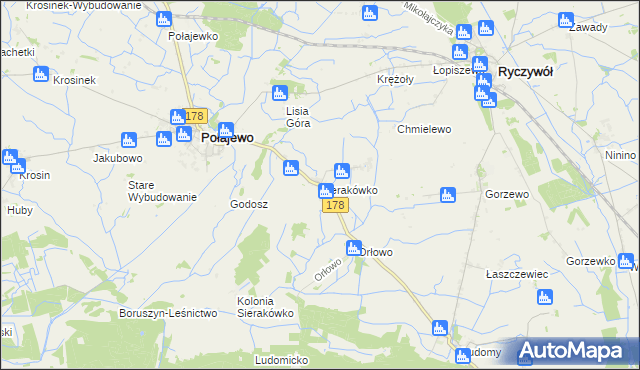 mapa Sierakówko gmina Połajewo, Sierakówko gmina Połajewo na mapie Targeo