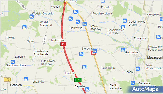 mapa Sierosław gmina Moszczenica, Sierosław gmina Moszczenica na mapie Targeo