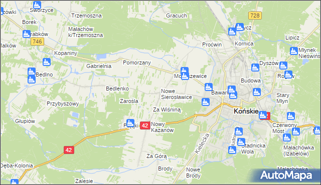 mapa Sierosławice gmina Końskie, Sierosławice gmina Końskie na mapie Targeo