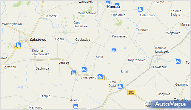 mapa Sinki gmina Zakrzewo, Sinki gmina Zakrzewo na mapie Targeo