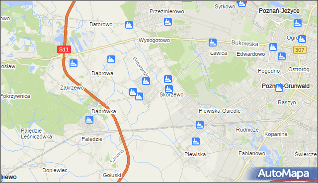 mapa Skórzewo gmina Dopiewo, Skórzewo gmina Dopiewo na mapie Targeo