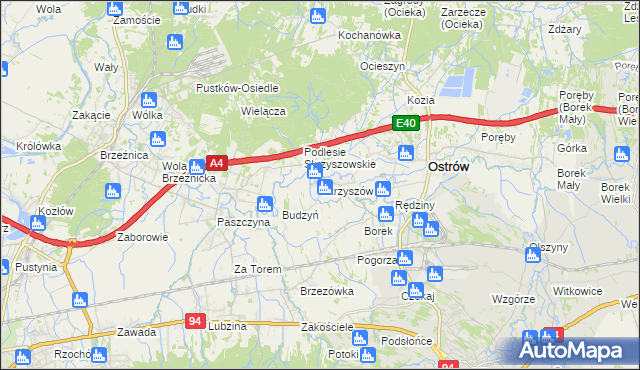 mapa Skrzyszów gmina Ostrów, Skrzyszów gmina Ostrów na mapie Targeo