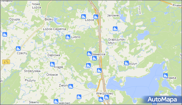 mapa Sławęcice gmina Szczecinek, Sławęcice gmina Szczecinek na mapie Targeo