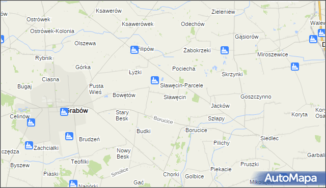 mapa Sławęcin gmina Grabów, Sławęcin gmina Grabów na mapie Targeo