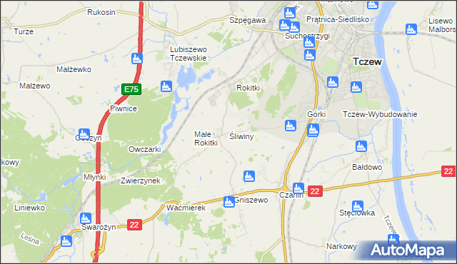 mapa Śliwiny gmina Tczew, Śliwiny gmina Tczew na mapie Targeo