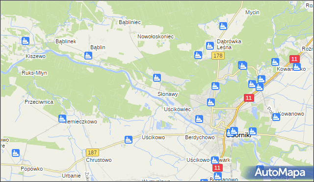 mapa Słonawy gmina Oborniki, Słonawy gmina Oborniki na mapie Targeo