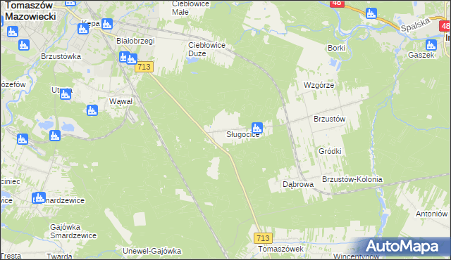 mapa Sługocice gmina Tomaszów Mazowiecki, Sługocice gmina Tomaszów Mazowiecki na mapie Targeo