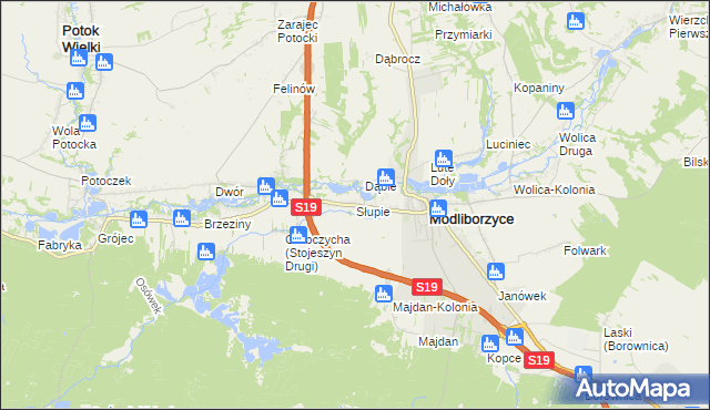 mapa Słupie gmina Modliborzyce, Słupie gmina Modliborzyce na mapie Targeo