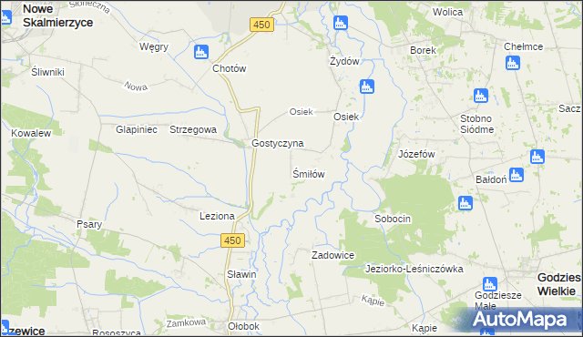 mapa Śmiłów gmina Nowe Skalmierzyce, Śmiłów gmina Nowe Skalmierzyce na mapie Targeo