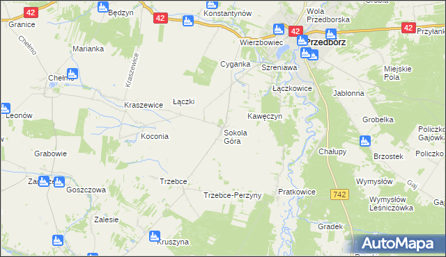 mapa Sokola Góra gmina Wielgomłyny, Sokola Góra gmina Wielgomłyny na mapie Targeo