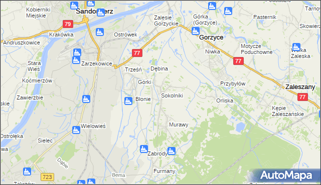 mapa Sokolniki gmina Gorzyce, Sokolniki gmina Gorzyce na mapie Targeo