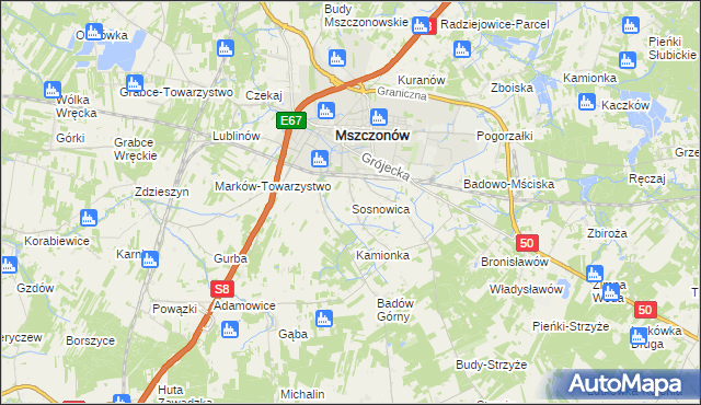 mapa Sosnowica gmina Mszczonów, Sosnowica gmina Mszczonów na mapie Targeo