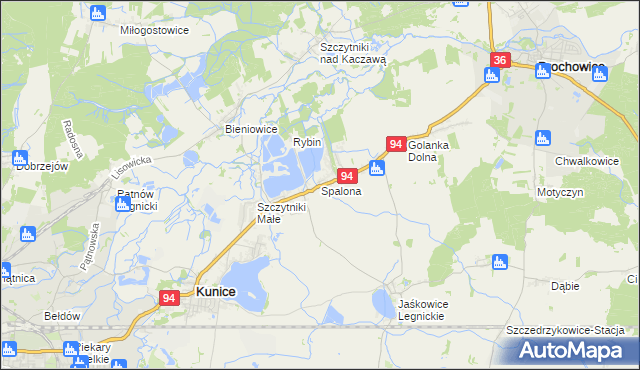 mapa Spalona gmina Kunice, Spalona gmina Kunice na mapie Targeo