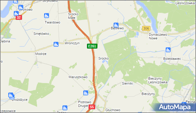 mapa Srocko gmina Stęszew, Srocko gmina Stęszew na mapie Targeo