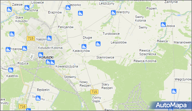 mapa Stamirowice gmina Koluszki, Stamirowice gmina Koluszki na mapie Targeo