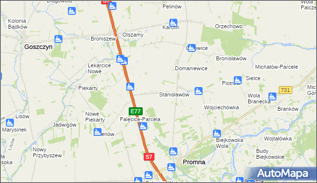 mapa Stanisławów gmina Promna, Stanisławów gmina Promna na mapie Targeo