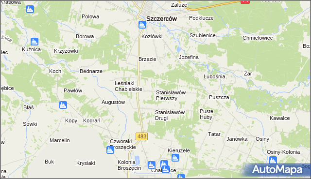 mapa Stanisławów Pierwszy gmina Szczerców, Stanisławów Pierwszy gmina Szczerców na mapie Targeo