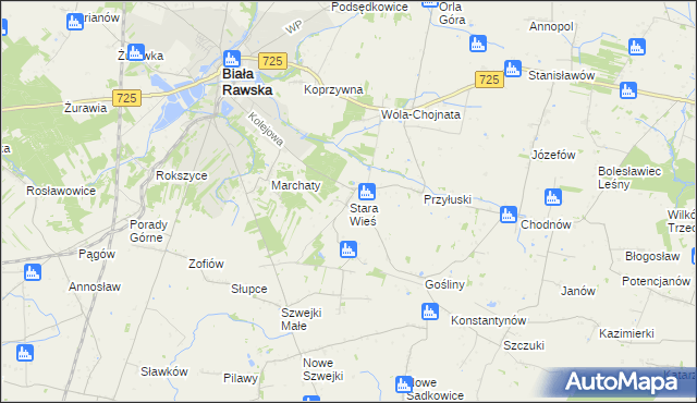 mapa Stara Wieś gmina Biała Rawska, Stara Wieś gmina Biała Rawska na mapie Targeo
