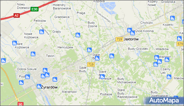 mapa Stare Budy gmina Jaktorów, Stare Budy gmina Jaktorów na mapie Targeo