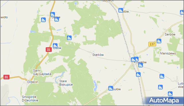 mapa Starków gmina Rzepin, Starków gmina Rzepin na mapie Targeo