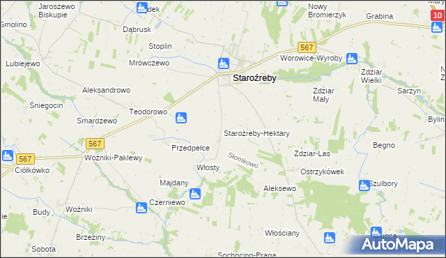 mapa Staroźreby-Hektary, Staroźreby-Hektary na mapie Targeo