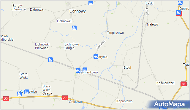 mapa Starynia gmina Lichnowy, Starynia gmina Lichnowy na mapie Targeo