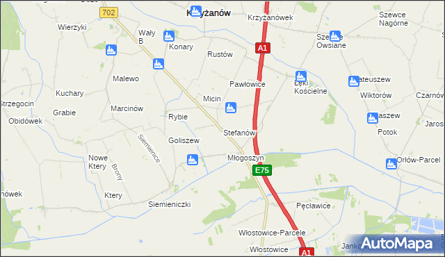 mapa Stefanów gmina Krzyżanów, Stefanów gmina Krzyżanów na mapie Targeo