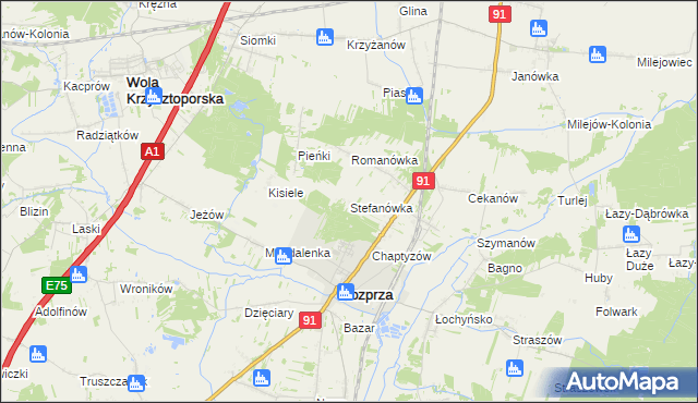 mapa Stefanówka gmina Rozprza, Stefanówka gmina Rozprza na mapie Targeo