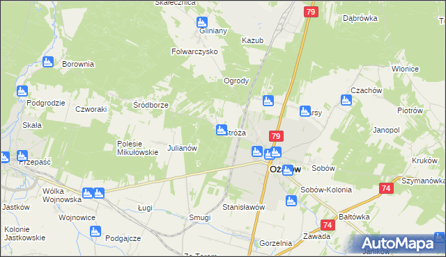 mapa Stróża gmina Ożarów, Stróża gmina Ożarów na mapie Targeo