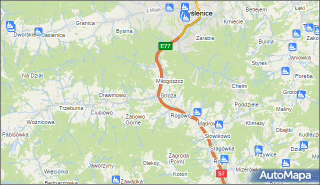 mapa Stróża gmina Pcim, Stróża gmina Pcim na mapie Targeo