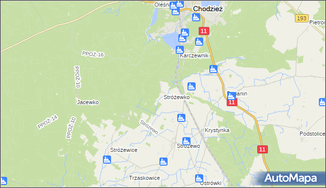 mapa Stróżewko gmina Chodzież, Stróżewko gmina Chodzież na mapie Targeo