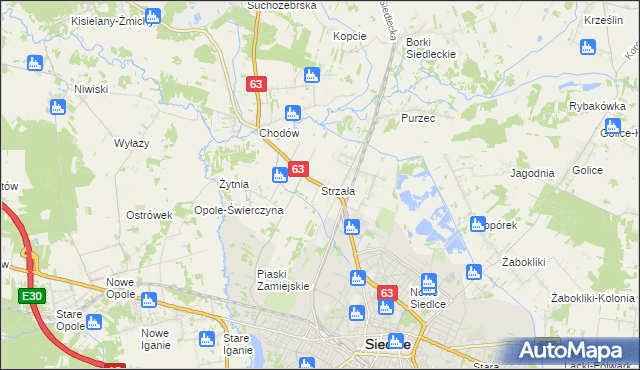 mapa Strzała gmina Siedlce, Strzała gmina Siedlce na mapie Targeo