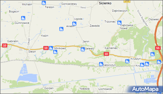 mapa Strzelewo gmina Sicienko, Strzelewo gmina Sicienko na mapie Targeo