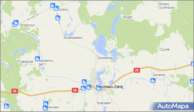 mapa Strzeszów gmina Trzcińsko-Zdrój, Strzeszów gmina Trzcińsko-Zdrój na mapie Targeo