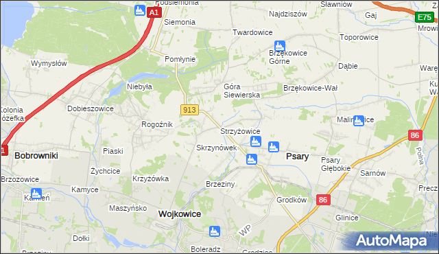 mapa Strzyżowice gmina Psary, Strzyżowice gmina Psary na mapie Targeo