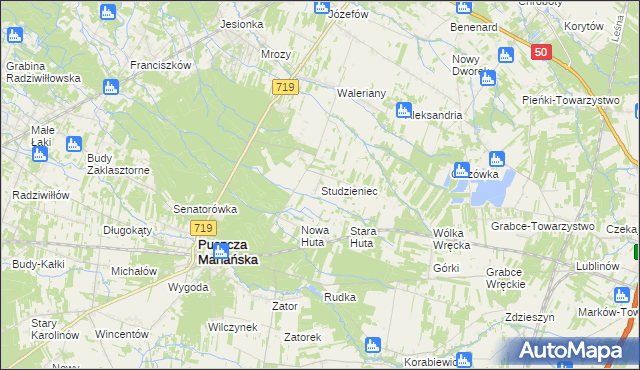 mapa Studzieniec gmina Puszcza Mariańska, Studzieniec gmina Puszcza Mariańska na mapie Targeo