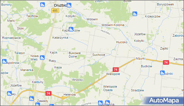 mapa Suchcice gmina Drużbice, Suchcice gmina Drużbice na mapie Targeo