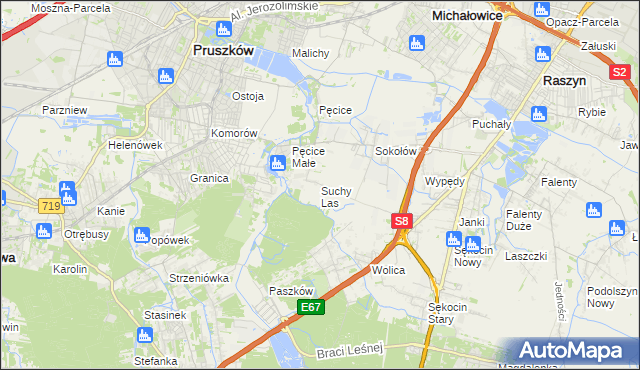 mapa Suchy Las gmina Michałowice, Suchy Las gmina Michałowice na mapie Targeo